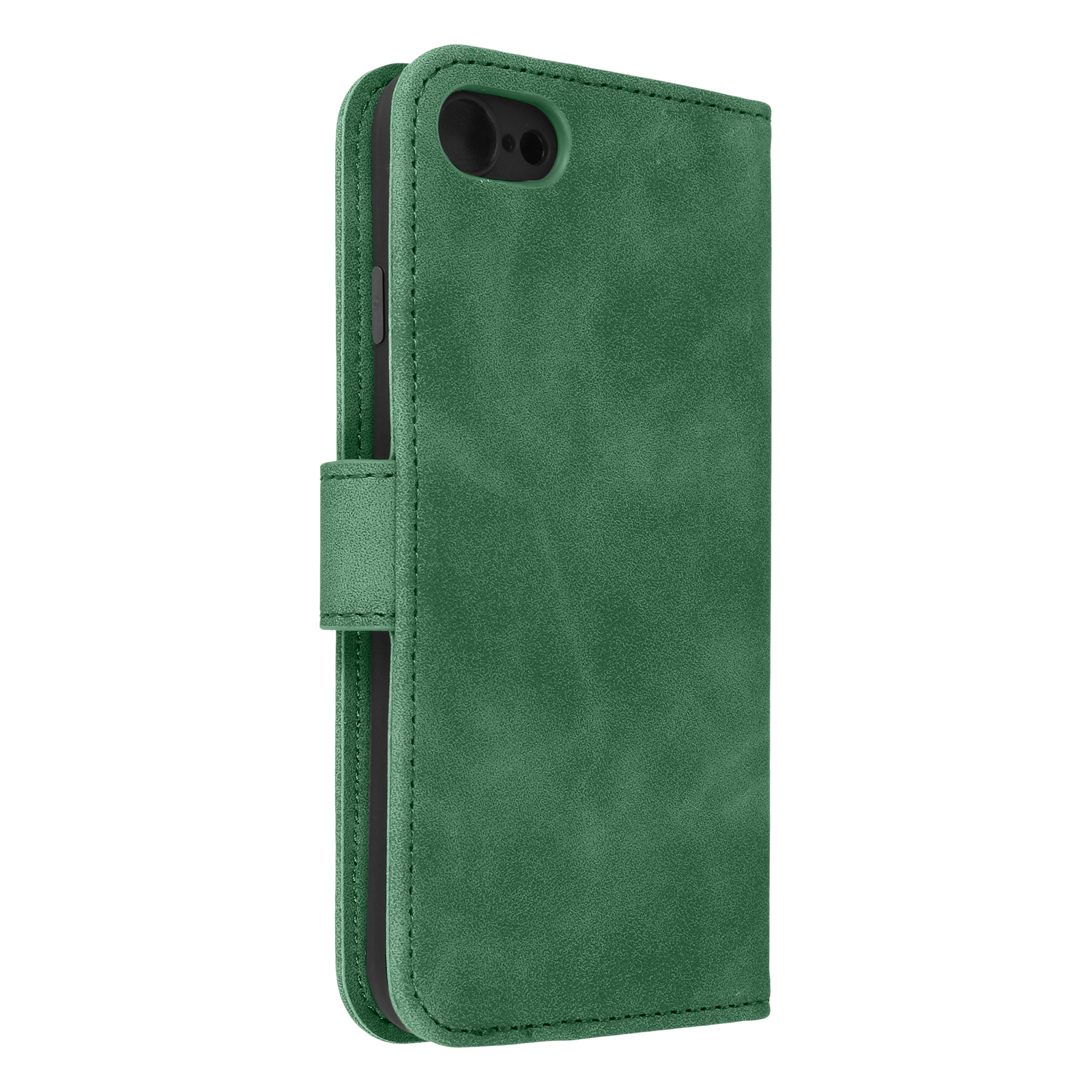 Custodia per telefono verde, chiusa. La custodia è in pelle scamosciata.