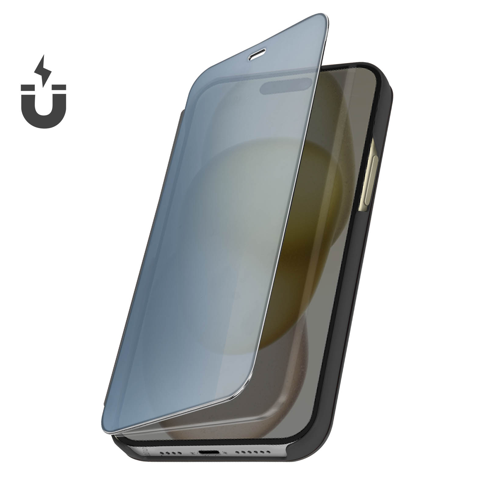 Custodia per telefono con coperchio aperto, simbolo magnetico e un telefono nero all'interno.