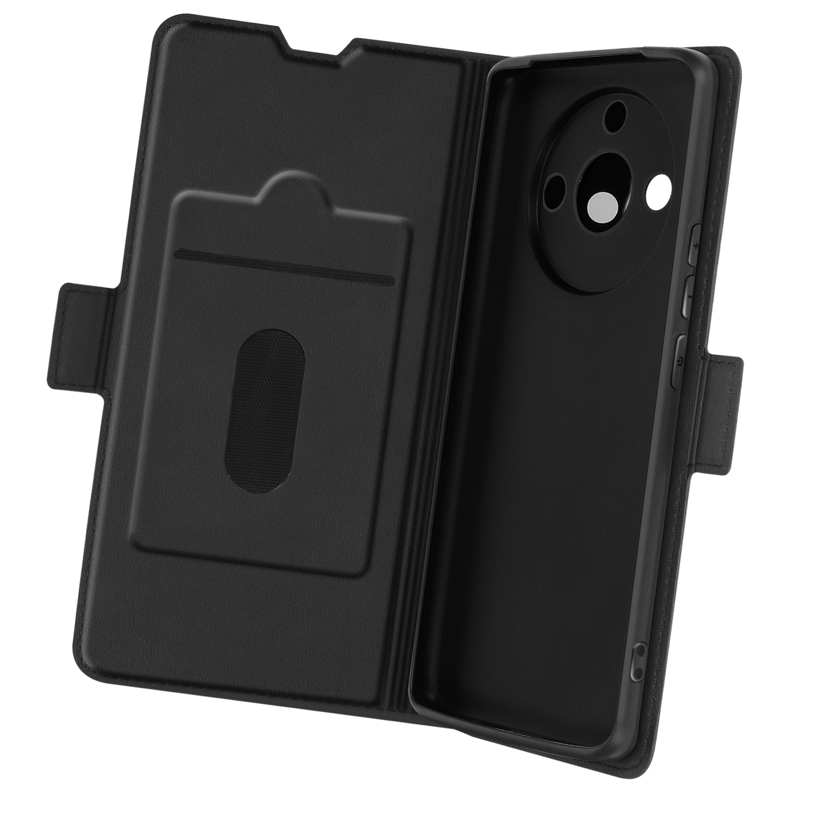 Custodia nera per telefono, aperta. All'interno, uno slot per schede e un supporto per telefono. Superficie nera.