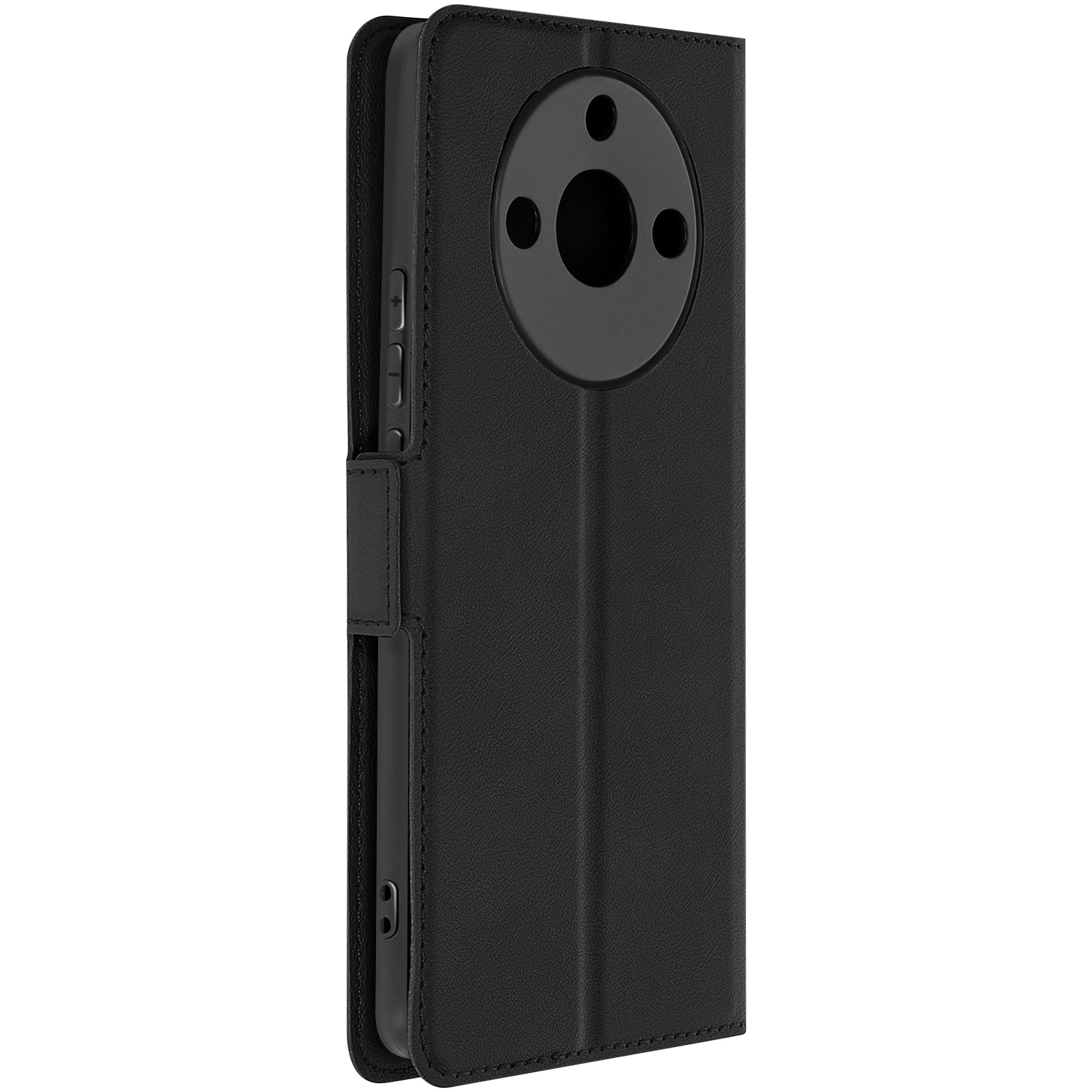 Custodia per telefono nera chiusa. La custodia del telefono ha un design a fotocamera circolare.