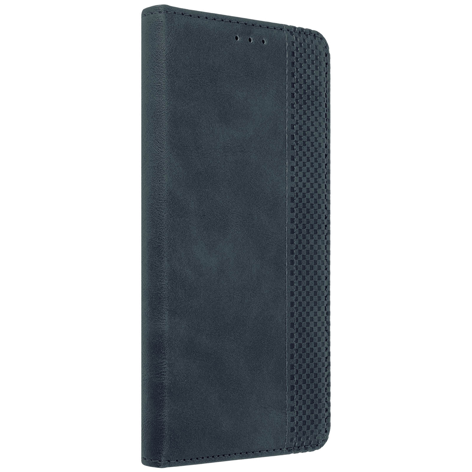 Una funda de teléfono azul oscuro cerrada. La funda tiene un tejido texturizado en el lado derecho.