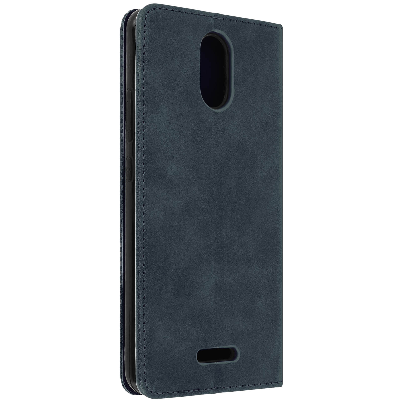 Una funda de teléfono azul oscuro cerrada. Muestra la parte trasera del teléfono con recorte de cámara.