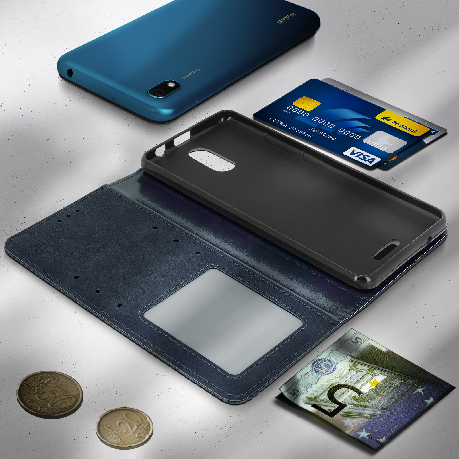 Teléfono azul, funda y accesorios. Tarjeta de crédito, monedas y un billete de cinco euros.