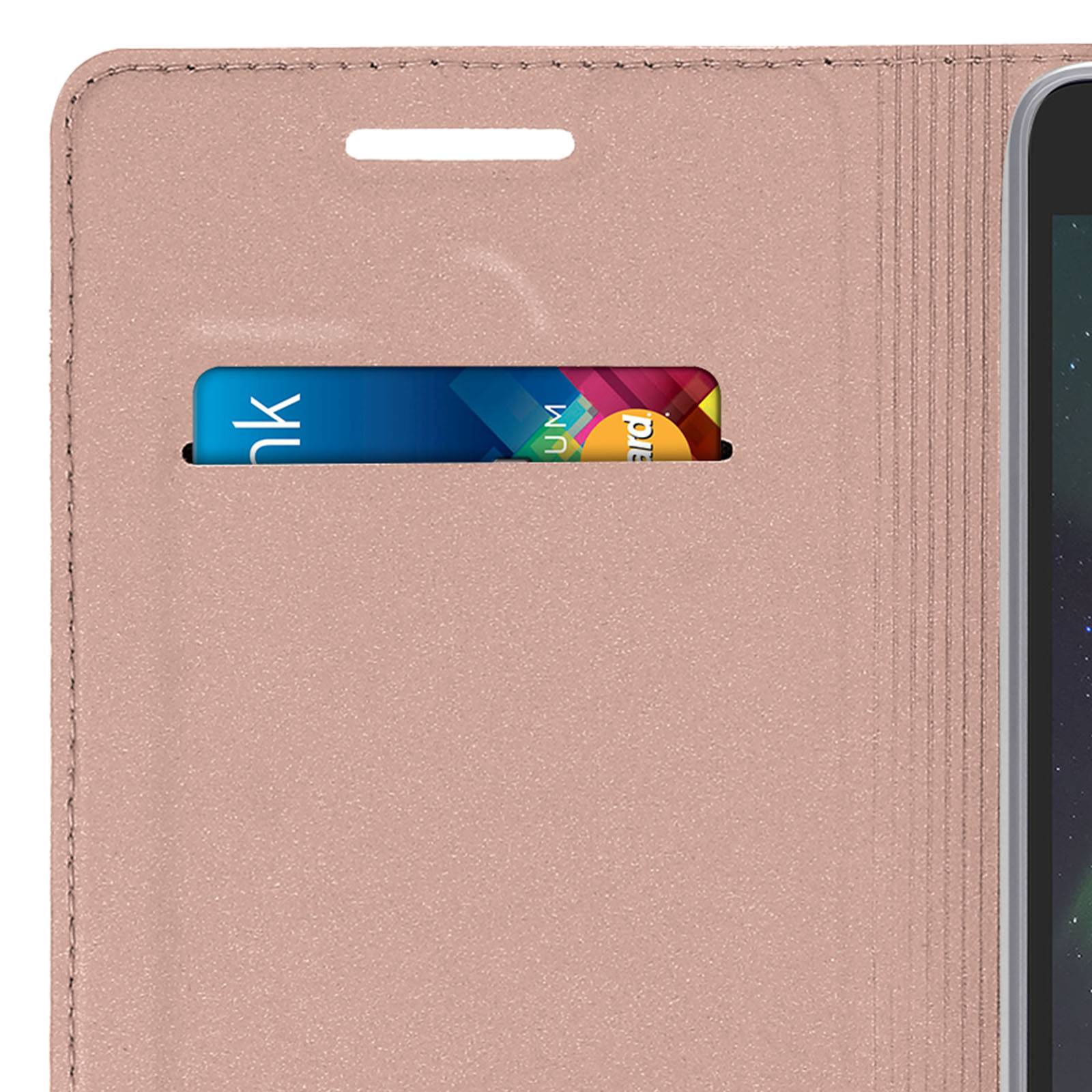 Custodia oro rosa per telefono con carta in tasca. Interno visibile.