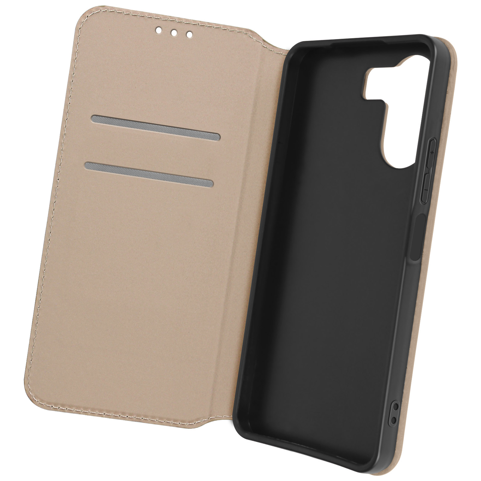 Custodia beige, aperta. All'interno, un supporto nero per telefono e slot per schede. Superficie bianca.