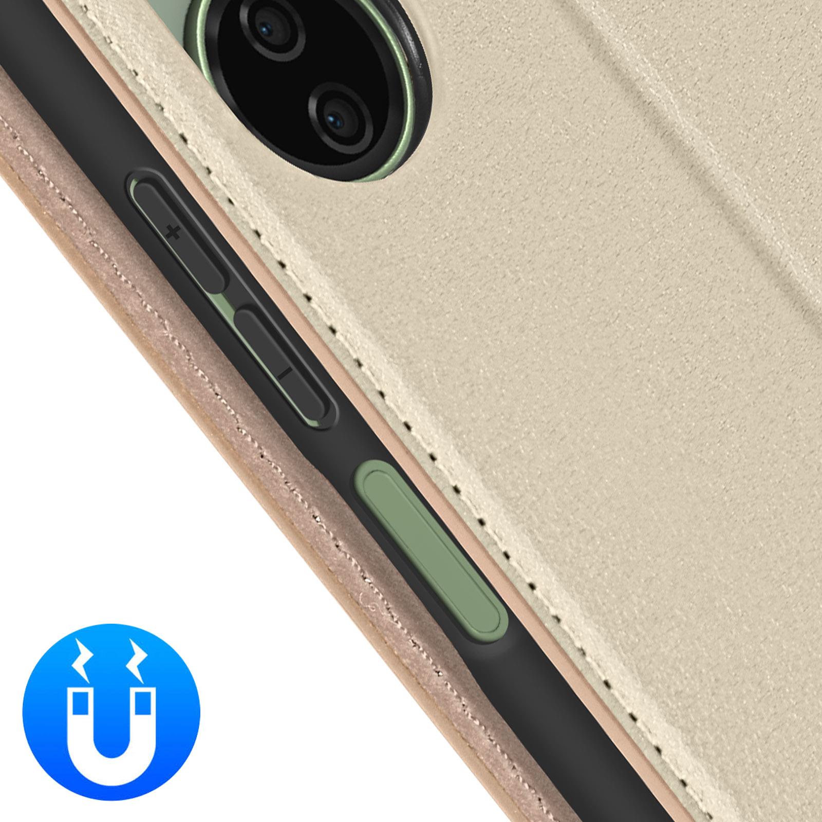 Primo piano di una custodia per telefono. La custodia è beige e mostra il pulsante e la fotocamera.