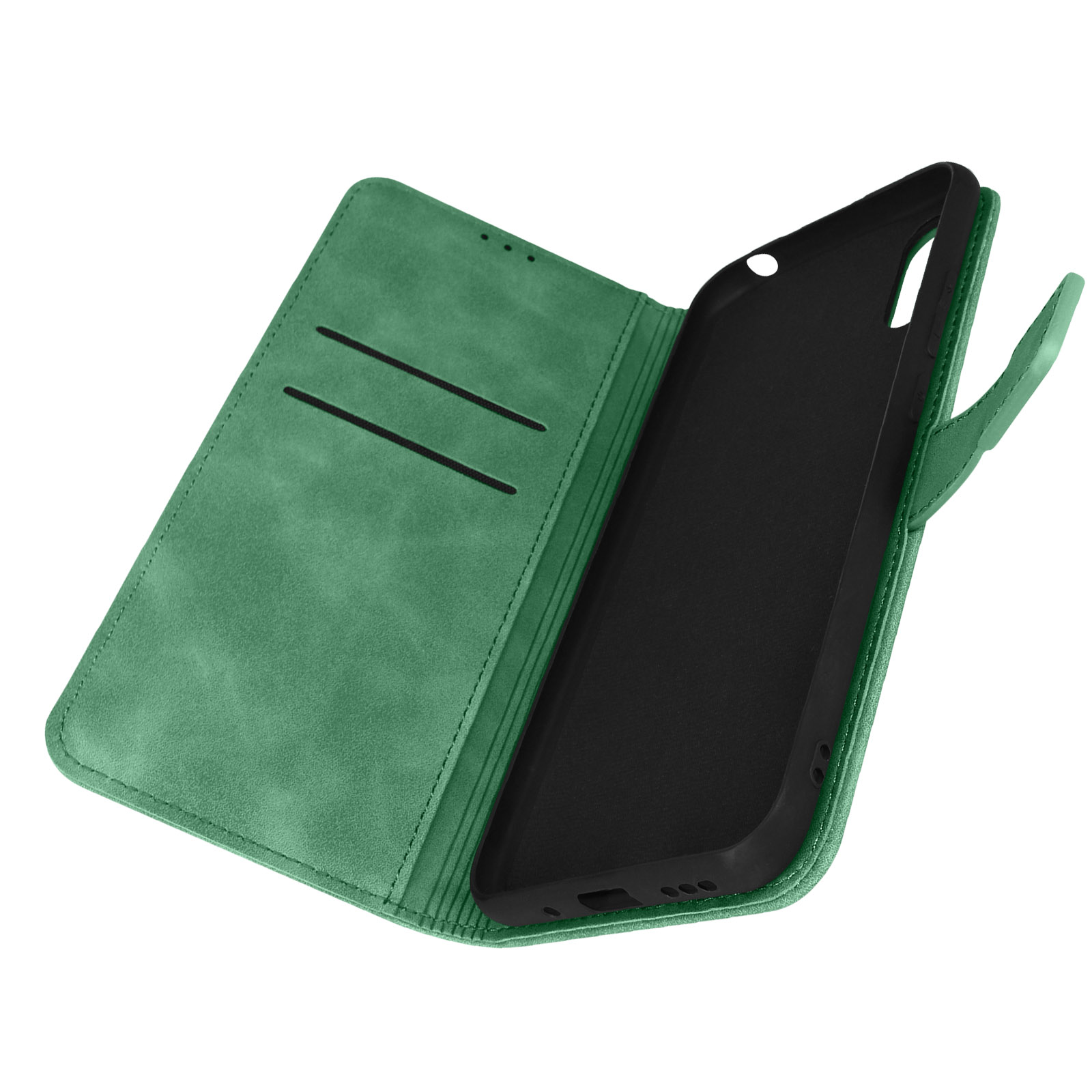 Custodia verde aperta. Il telefono non è nella custodia. Interno in materiale simile alla pelle verde.