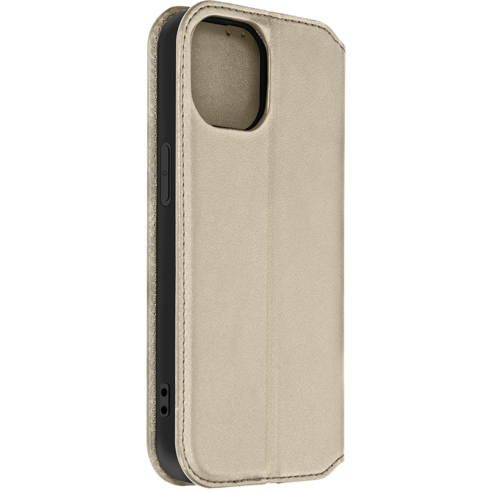 Custodia per telefono in pelle beige, vista laterale. Presenta un ritaglio per fotocamera e dettagli di cucitura.