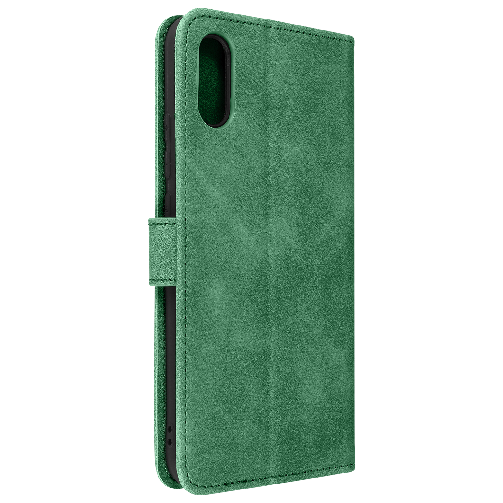 Custodia per telefono verde con pulsante laterale e ritaglio per la fotocamera, aperta con telefono all'interno.