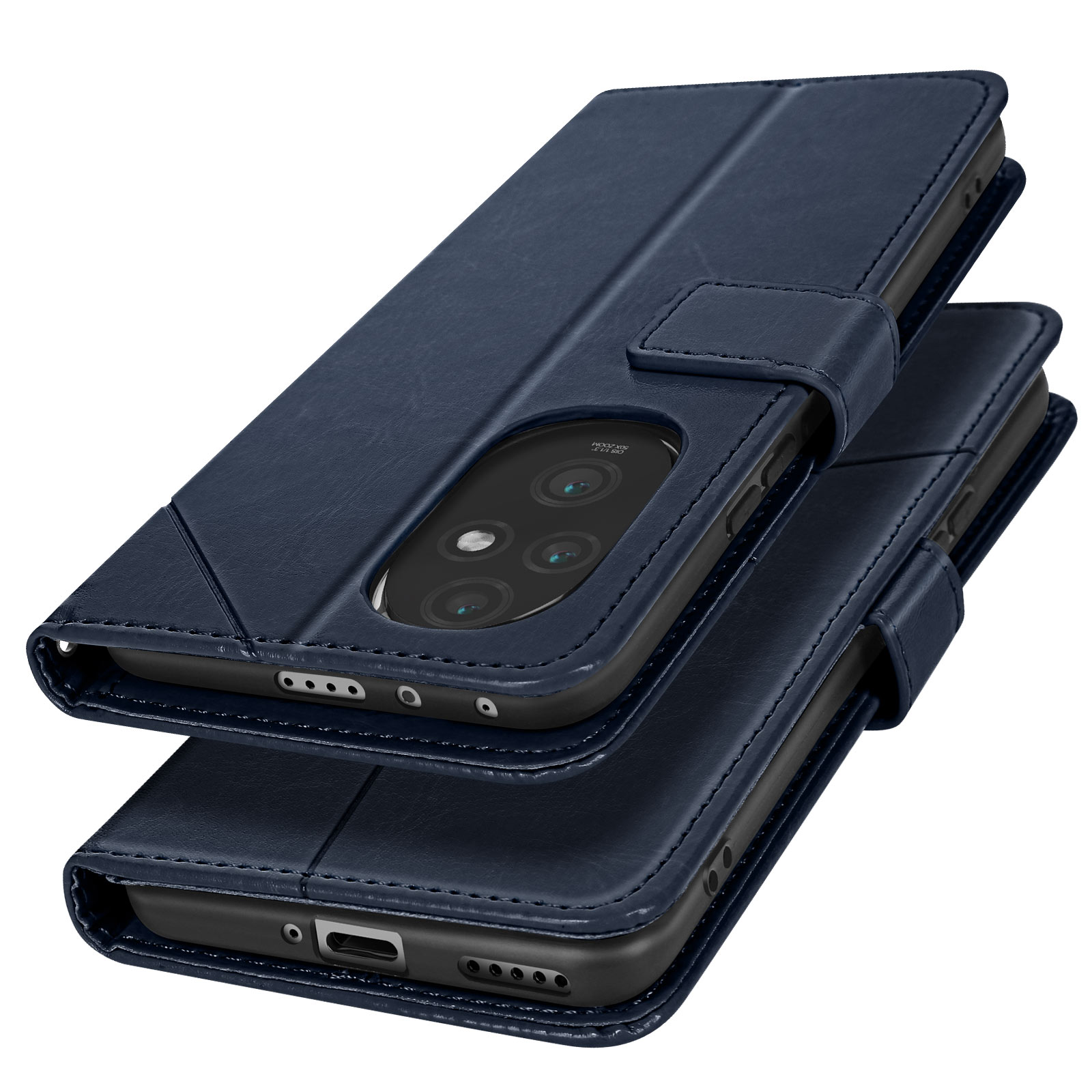 Custodie per telefono blu scuro, una aperta e una chiusa, che mostrano la fotocamera e le porte del telefono.