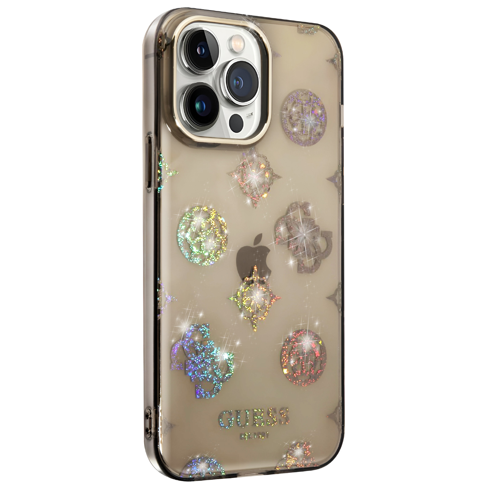 Custodia trasparente per telefono con logo Guess e dettagli glitterati. Logo Apple visibile.