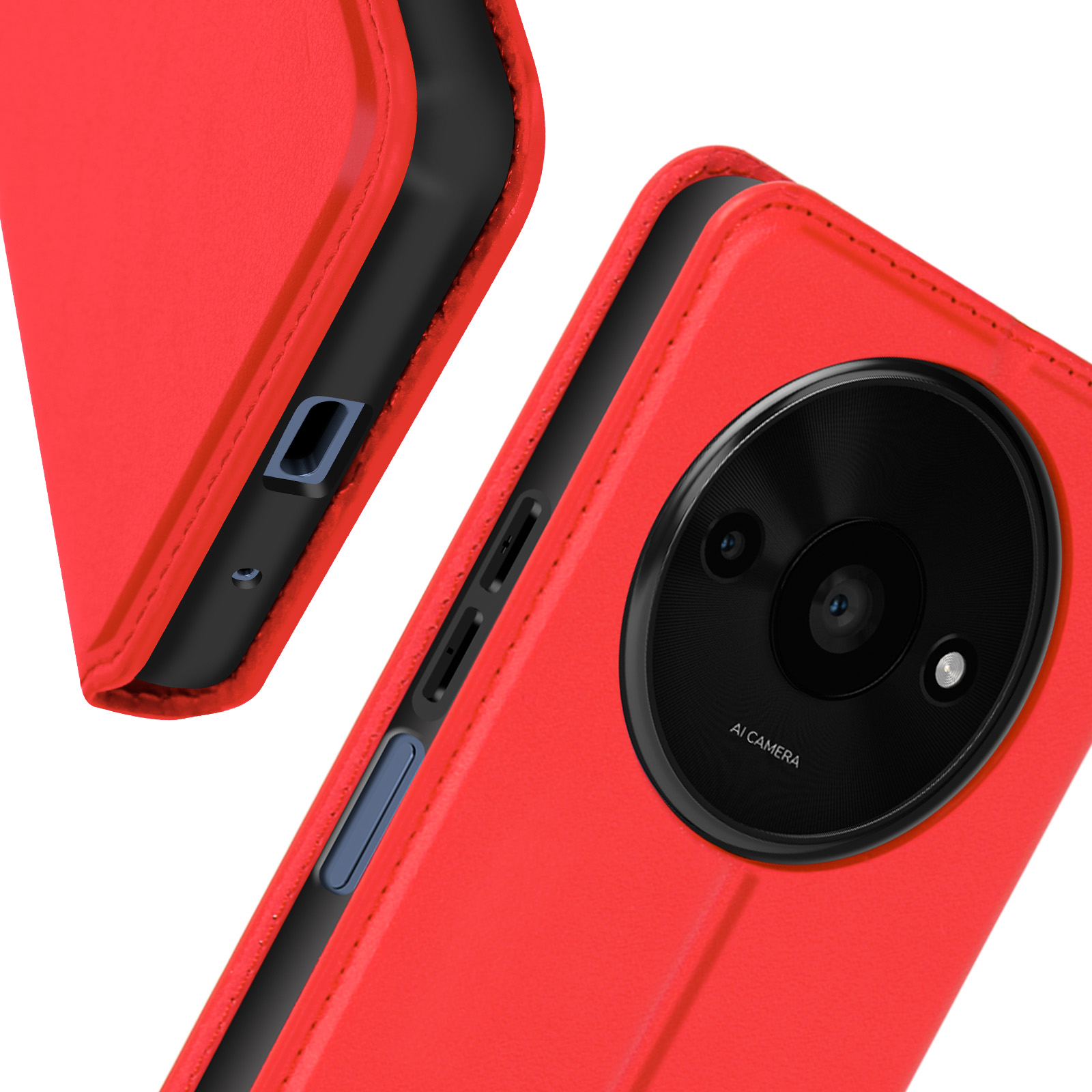 Custodia rossa, con lenti della fotocamera, con telefono nero.