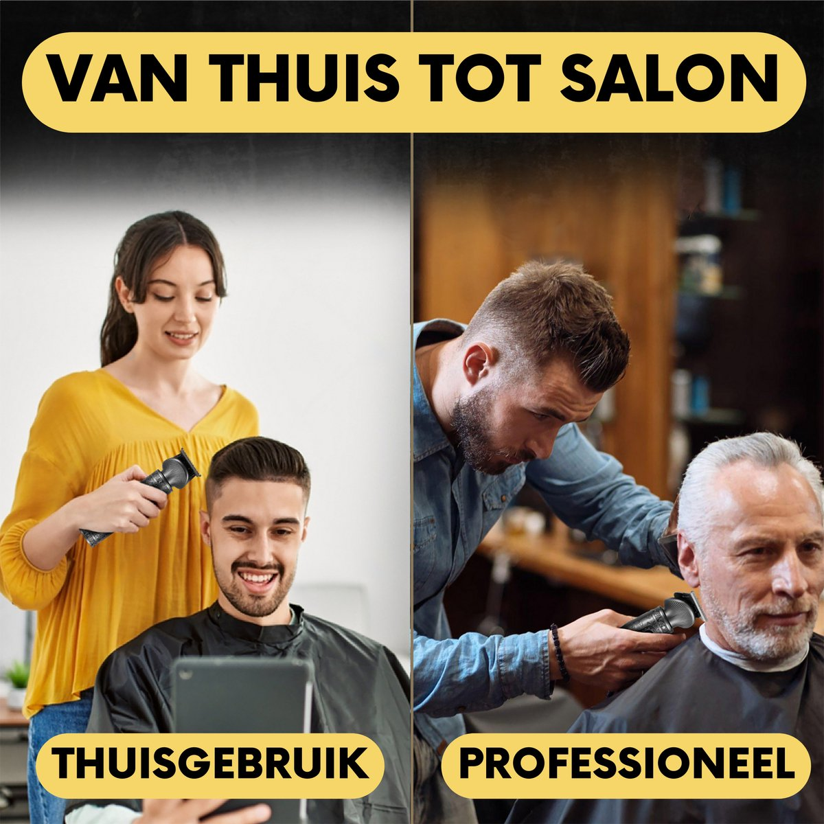 Das Bild zeigt zwei Szenen: Heimgebrauch und professionelle Nutzung eines Haarschneiders.