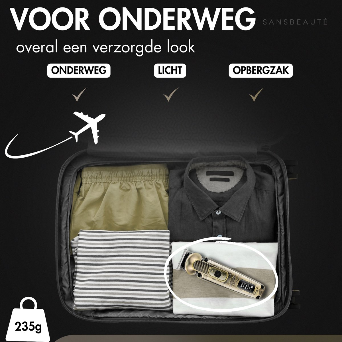 Offener Koffer mit Kleidung, einem Haarschneider und einem Flugzeugsymbol. Text sagt 'Für unterwegs'.