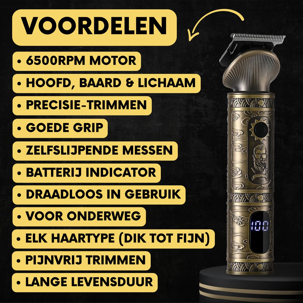 An antique-style electric shaver with text detailing its features.