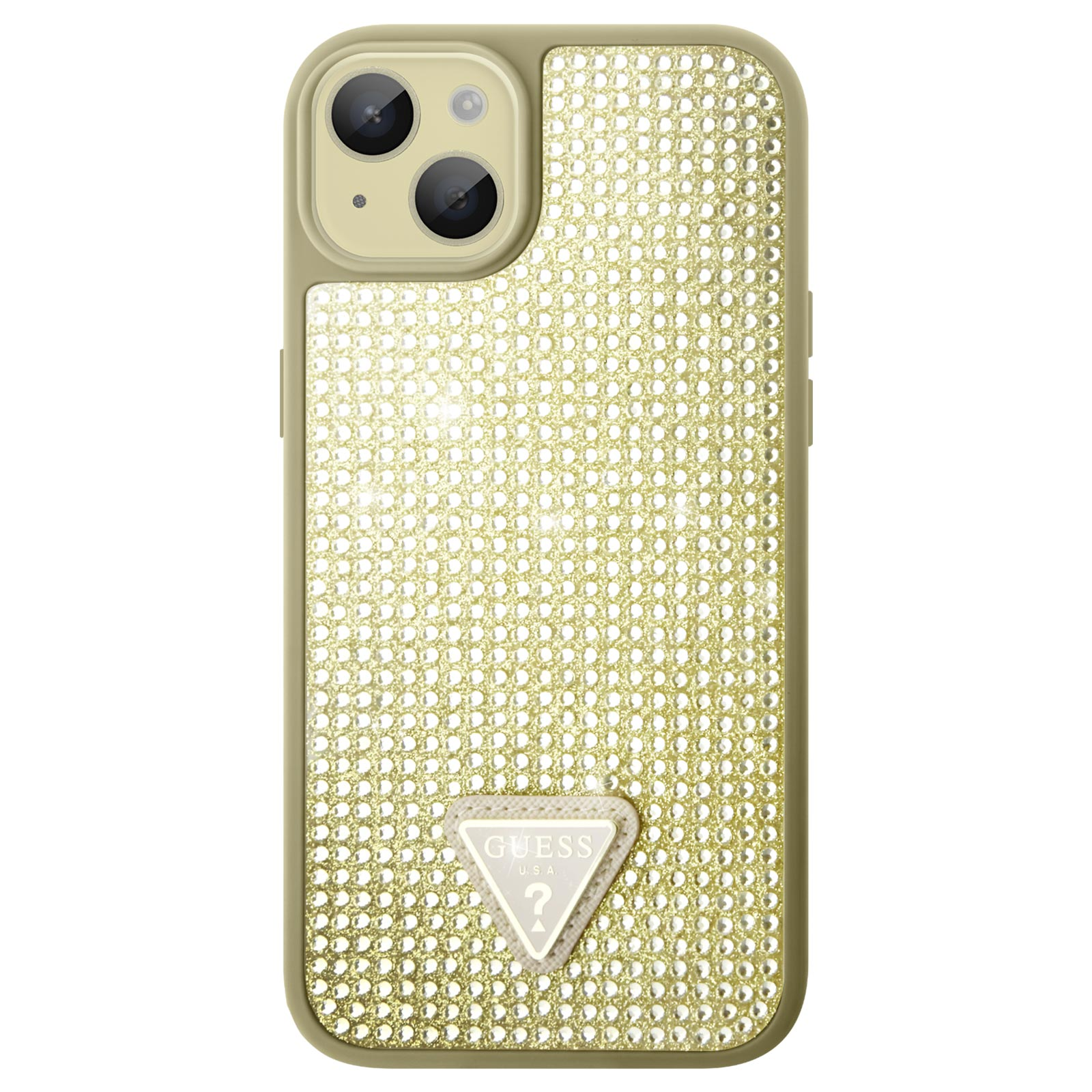 Custodia dorata con cristalli, logo Guess e ritaglio fotocamera. Con cornice dorata.