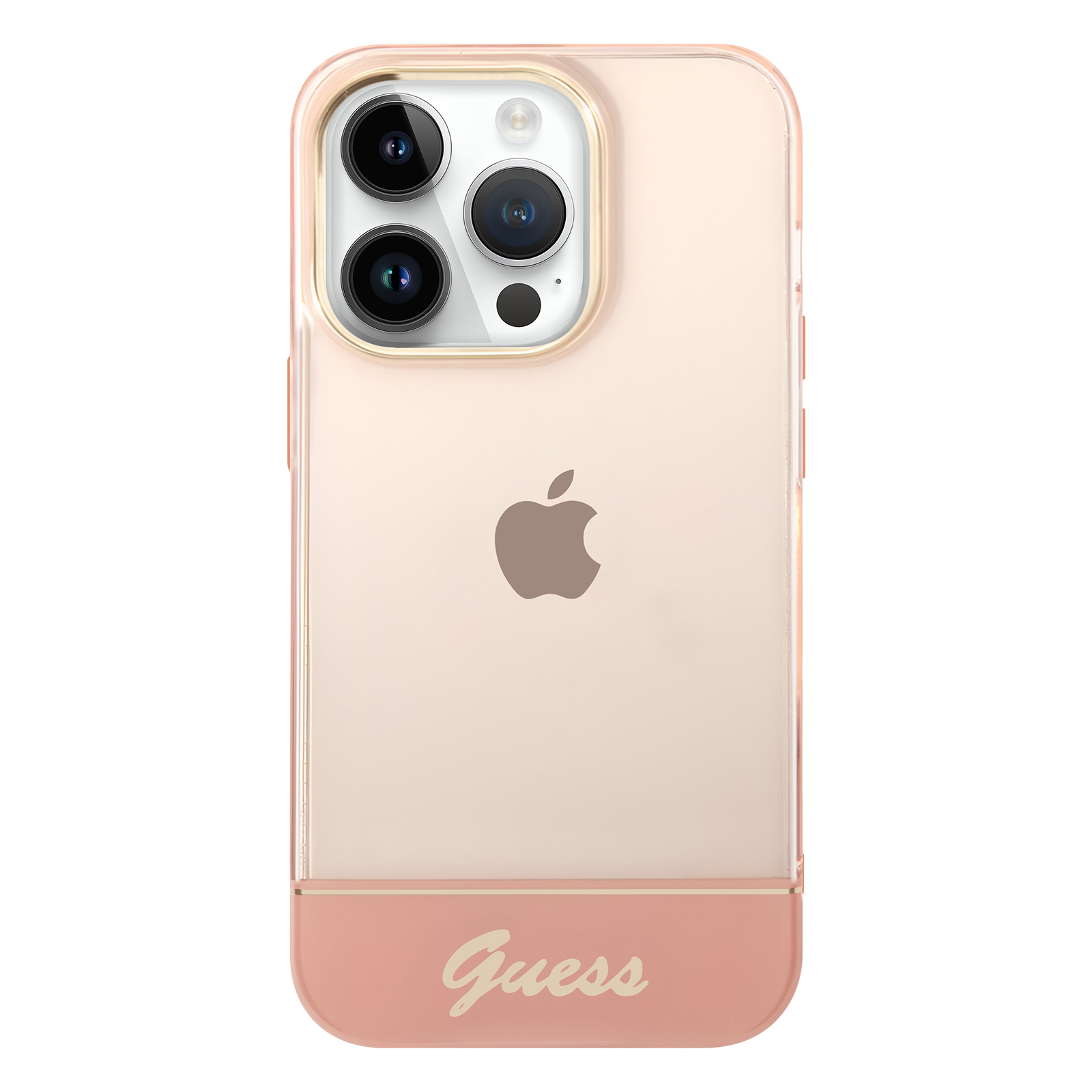 Custodia per telefono rosa e trasparente con logo Guess, telefono all'interno e fori per la fotocamera.