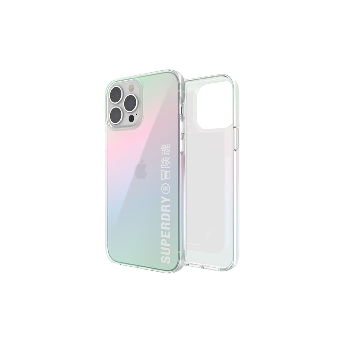 Custodia trasparente per telefono con design sfumato e logo Superdry. Sfondo bianco, telefono non incluso.