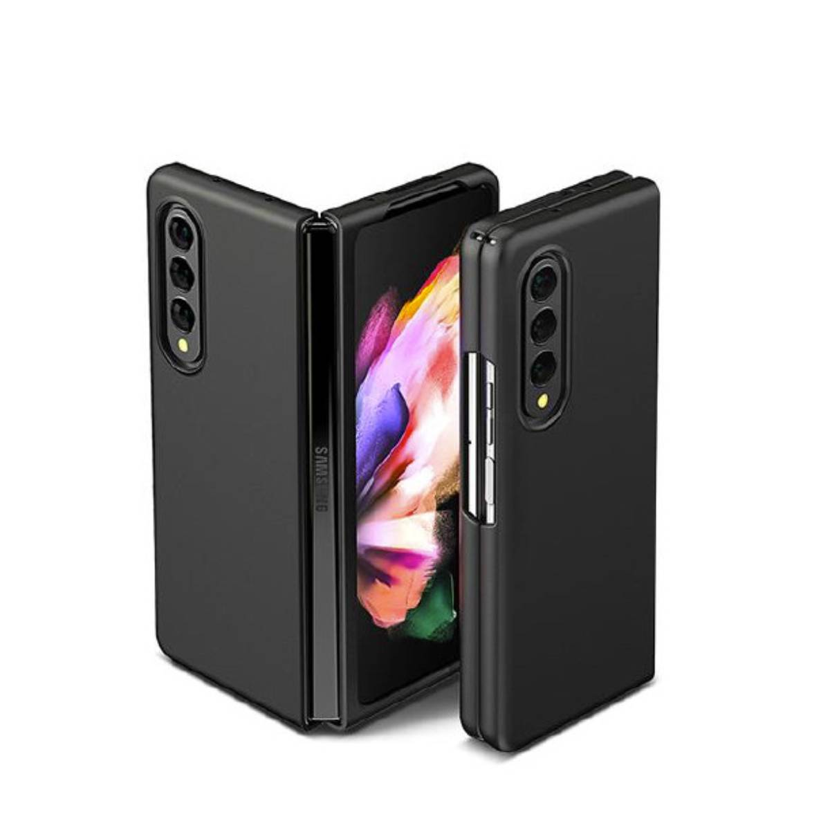 Telefono pieghevole nero parzialmente aperto. Il logo Samsung è visibile. Sfondo bianco.