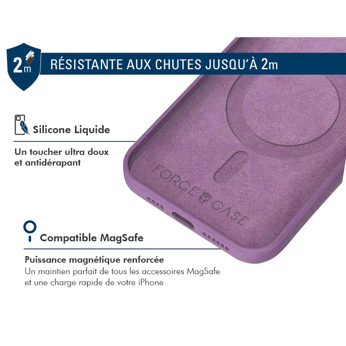 Custodia per telefono viola con testo e icone, che mostra silicone liquido e compatibilità MagSafe.