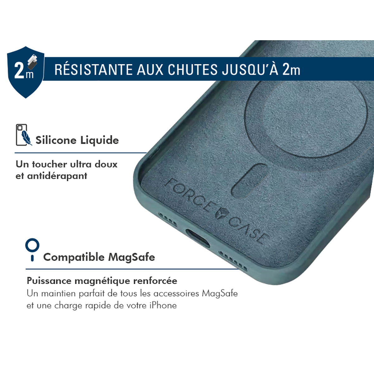 Diagramma che mostra una custodia per telefono grigia con testo: 'Resistente alle cadute fino a 2m'.