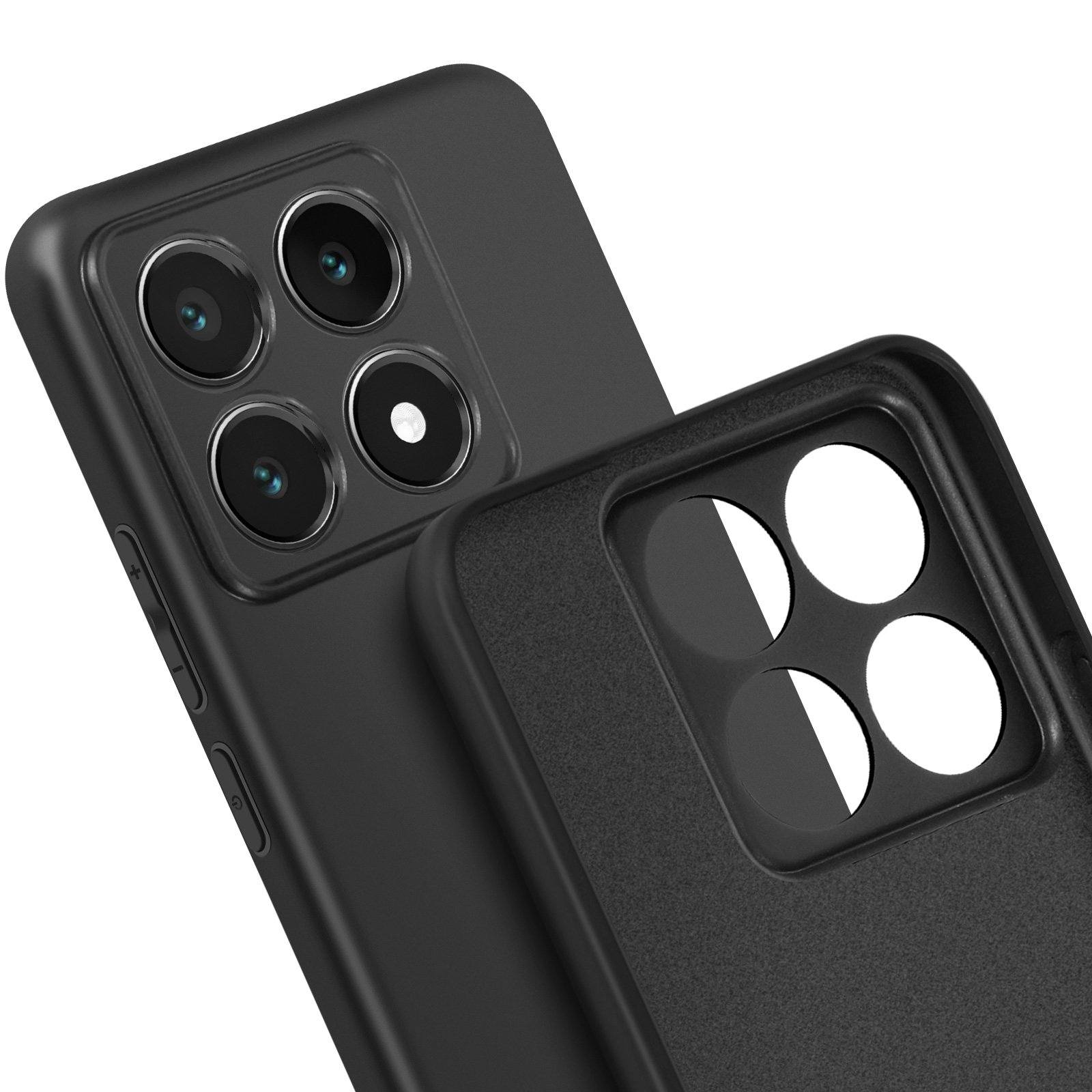 Czarne etui na telefon z czterema obiektywami aparatu. Pokazano tył telefonu.