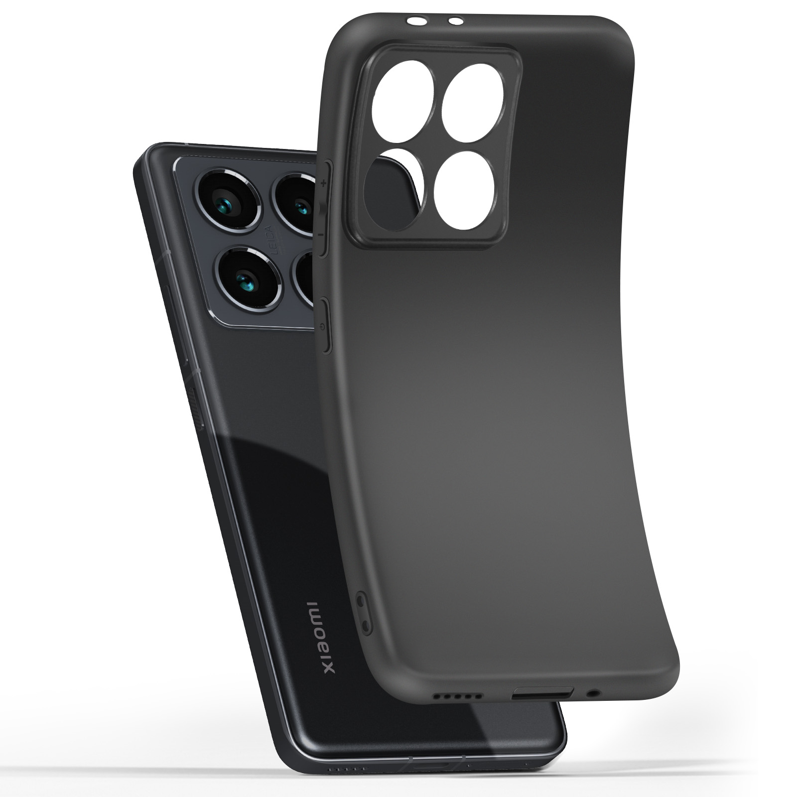 Czarne etui na czarnym telefonie. Logo Xiaomi. Cztery wycięcia na aparat.