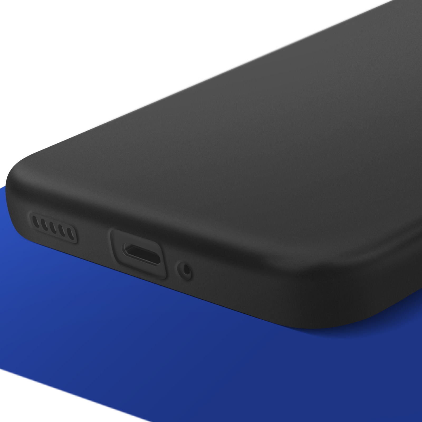 Zbliżenie czarnego telefonu, z portem ładowania i widocznymi głośnikami.