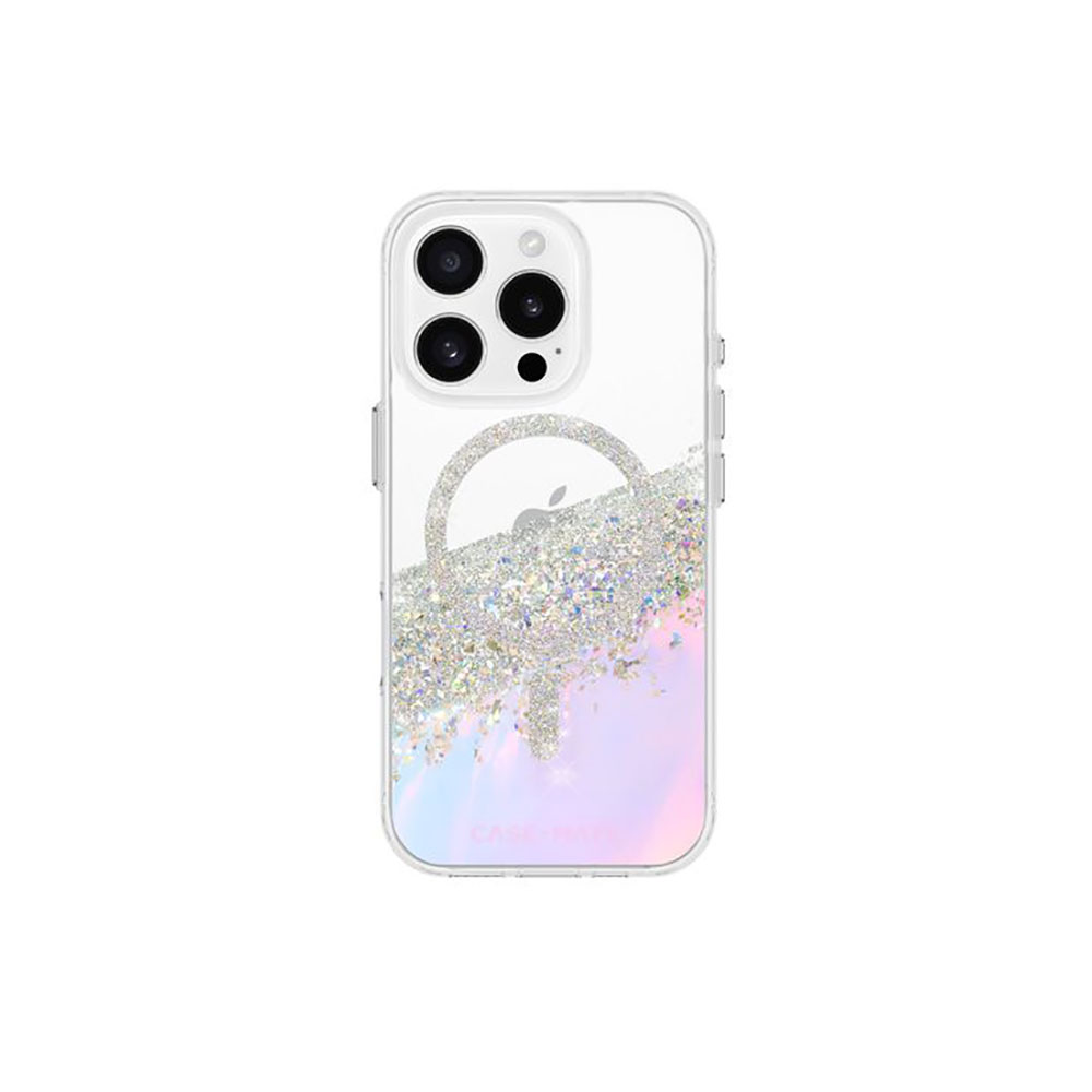 Custodia trasparente con glitter e telefono. Sfondo: bianco.