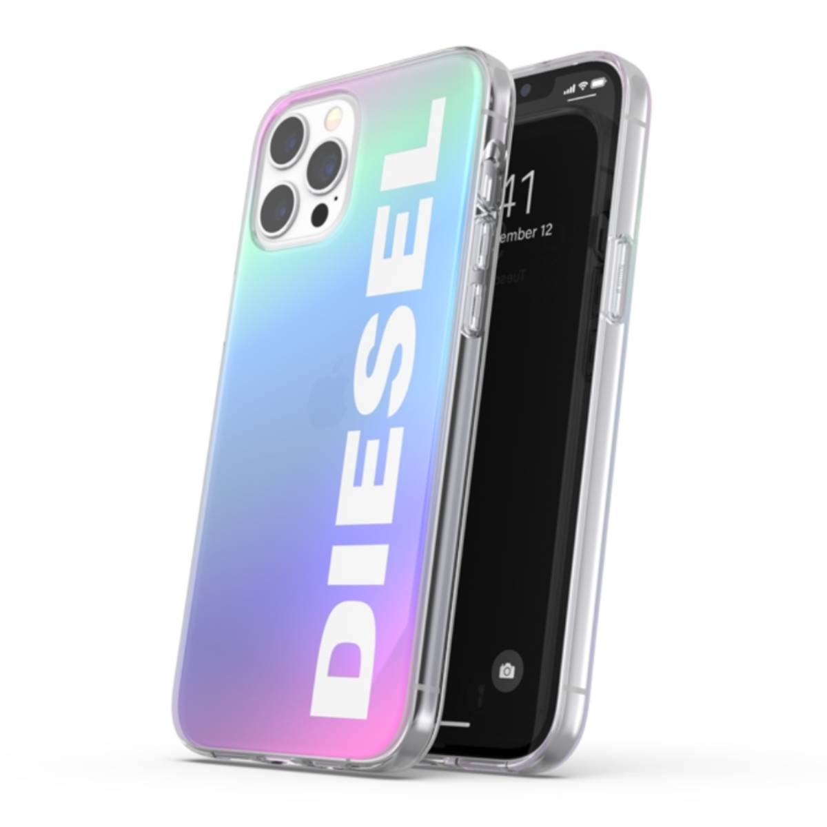 Custodia per telefono a marchio Diesel, che mostra una sfumatura dal blu al rosa. Due telefoni sovrapposti su sfondo bianco.