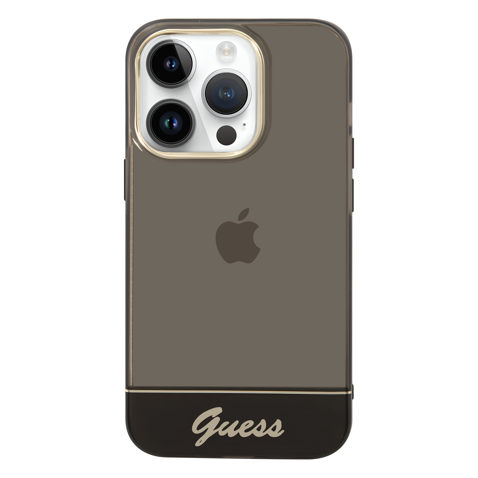 Un telefono in una custodia Guess. Il retro del telefono è visibile, con tre fotocamere.