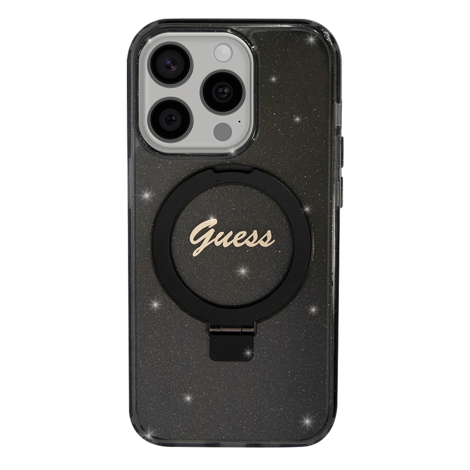 Custodia Guess nera glitterata con anello. Logo Guess dorato. Fori fotocamera.