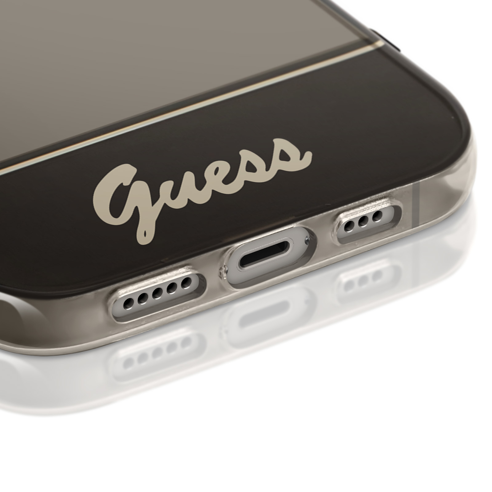 Custodia per telefono nera con la scritta "Guess". Sfondo bianco.