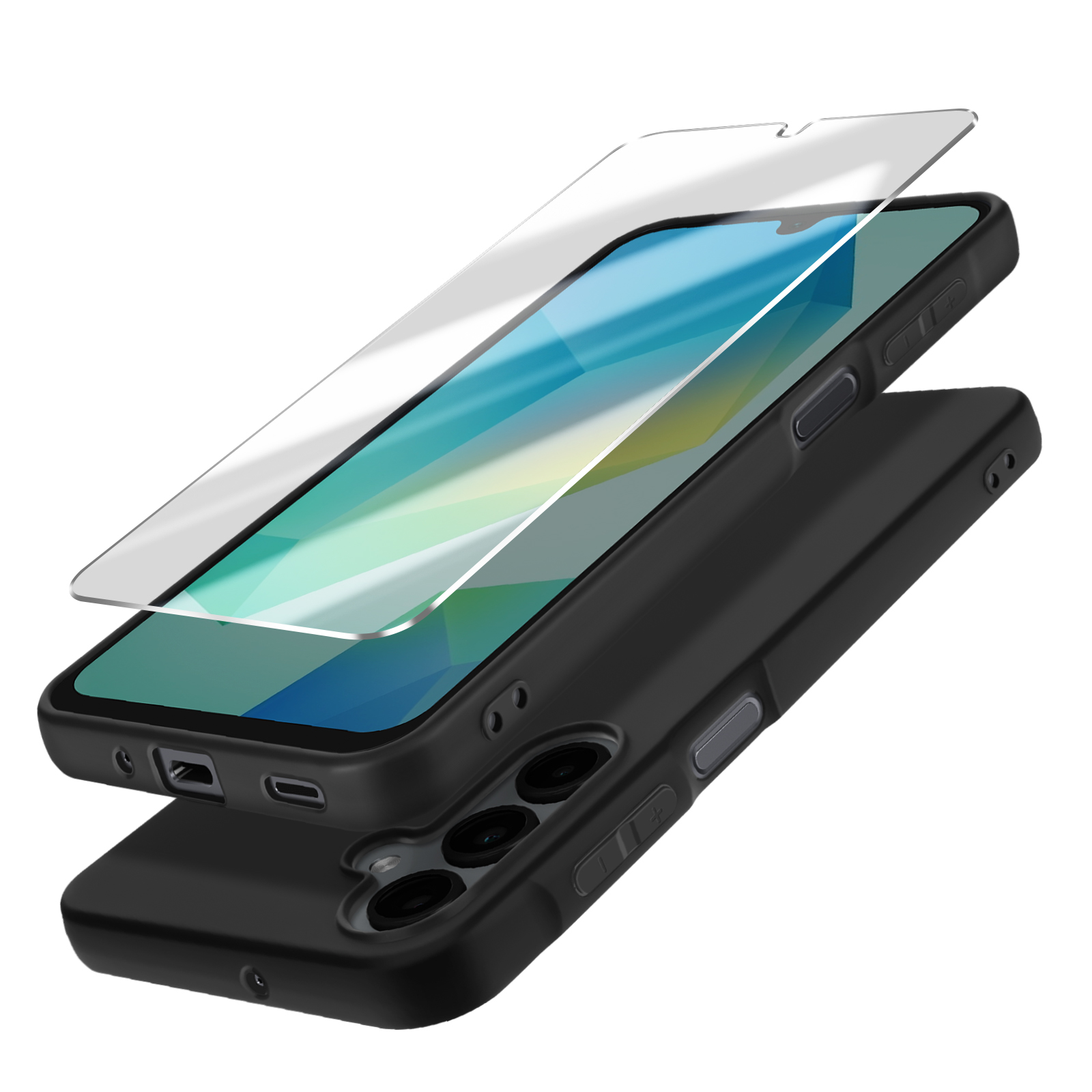 Zwarte telefoonhoes, glazen schermbeschermer en telefoon. De hoes zit onder.