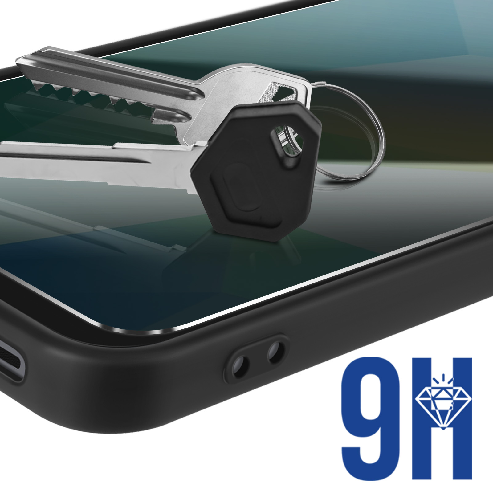 Een telefoon met een schermbeschermer en een sleutel. De tekst '9H' is rechtsonder zichtbaar.