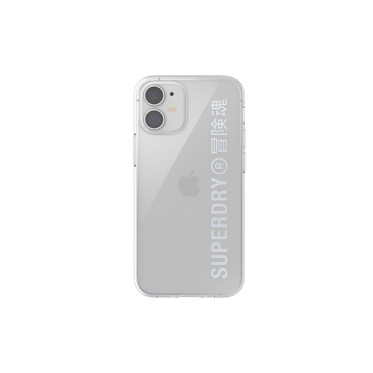Custodia trasparente per iPhone con logo Superdry bianco. Il telefono ha due fotocamere. Sfondo bianco.