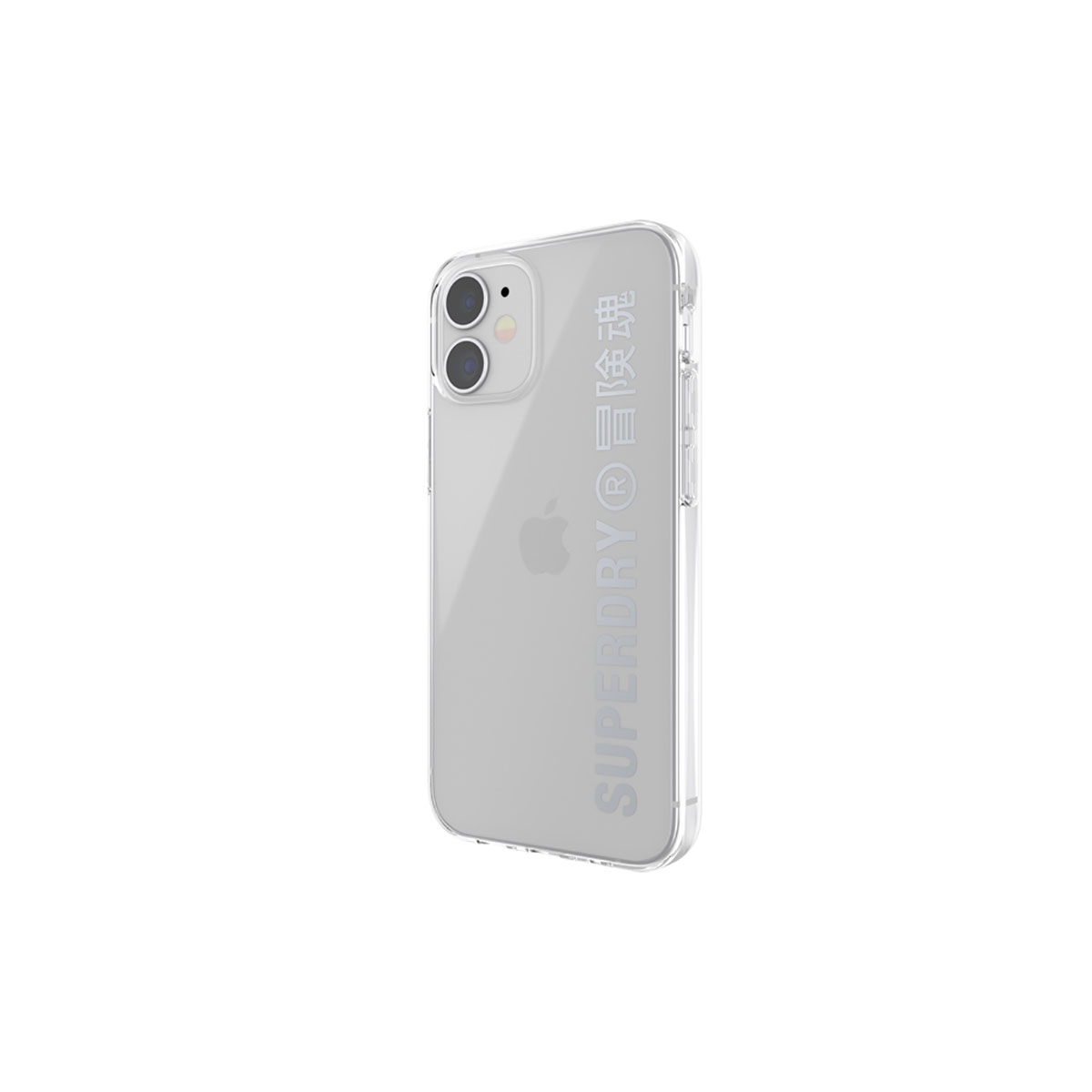 Custodia trasparente con logo. Il telefono è bianco. Sfondo bianco.