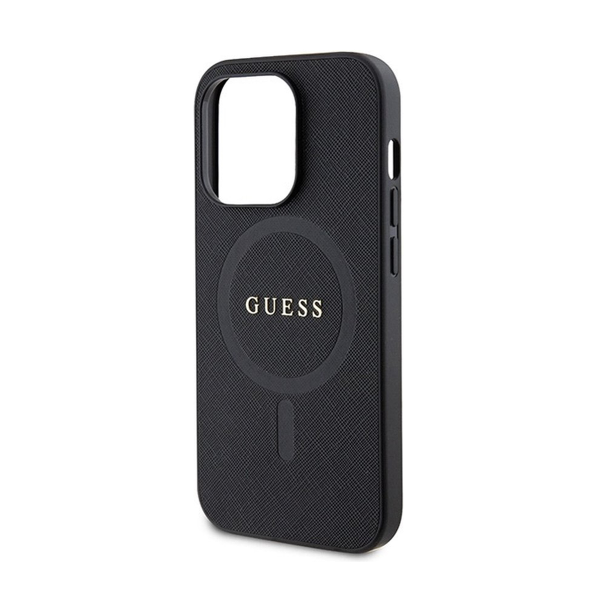 Custodia nera con logo Guess e area magnetica circolare. Con superficie strutturata.