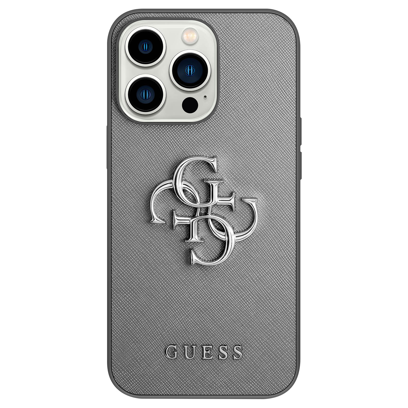 Custodia grigia per telefono con logo Guess. La custodia ha ritagli per la fotocamera.