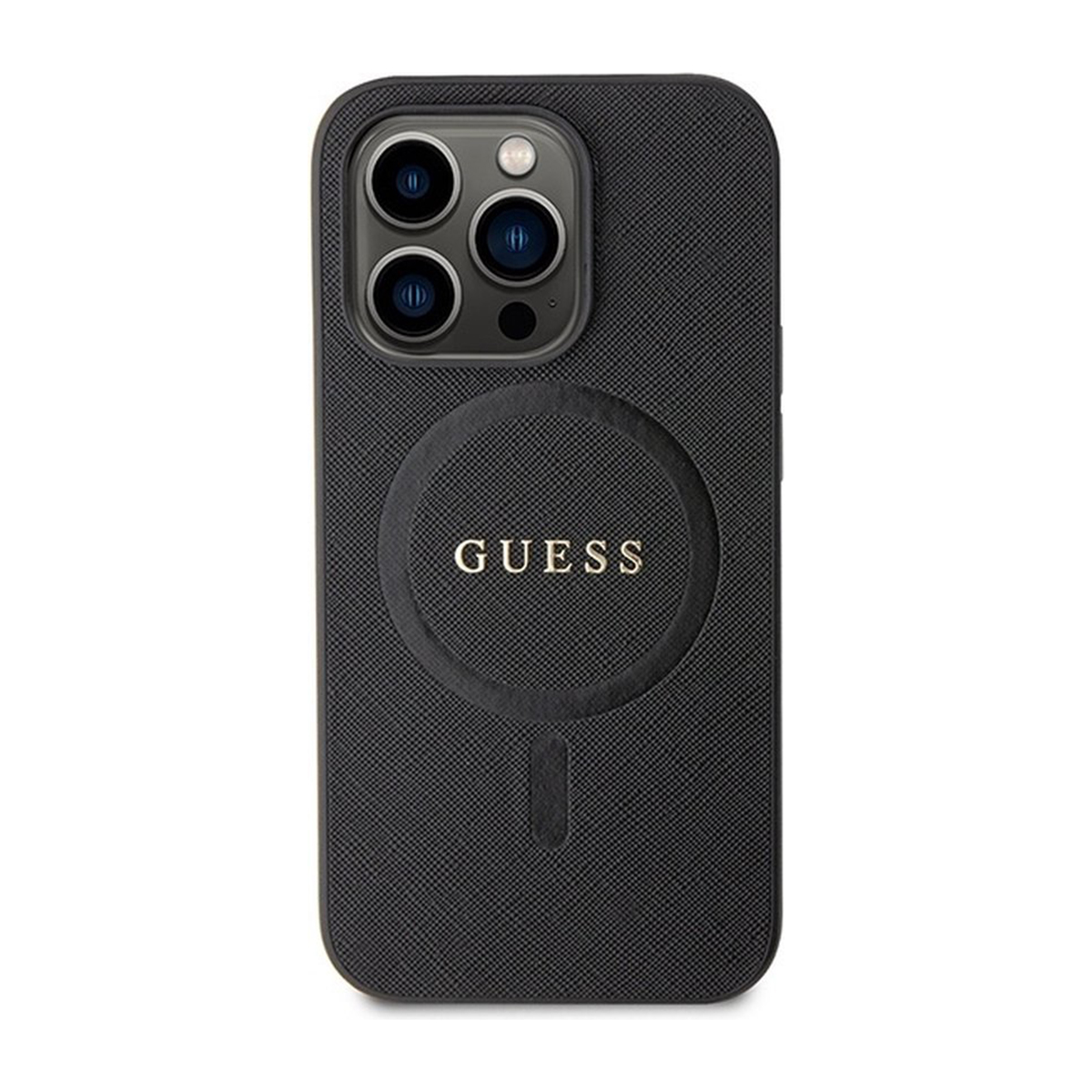 Custodia nera per telefono con logo GUESS e cerchio magnetico sul retro.