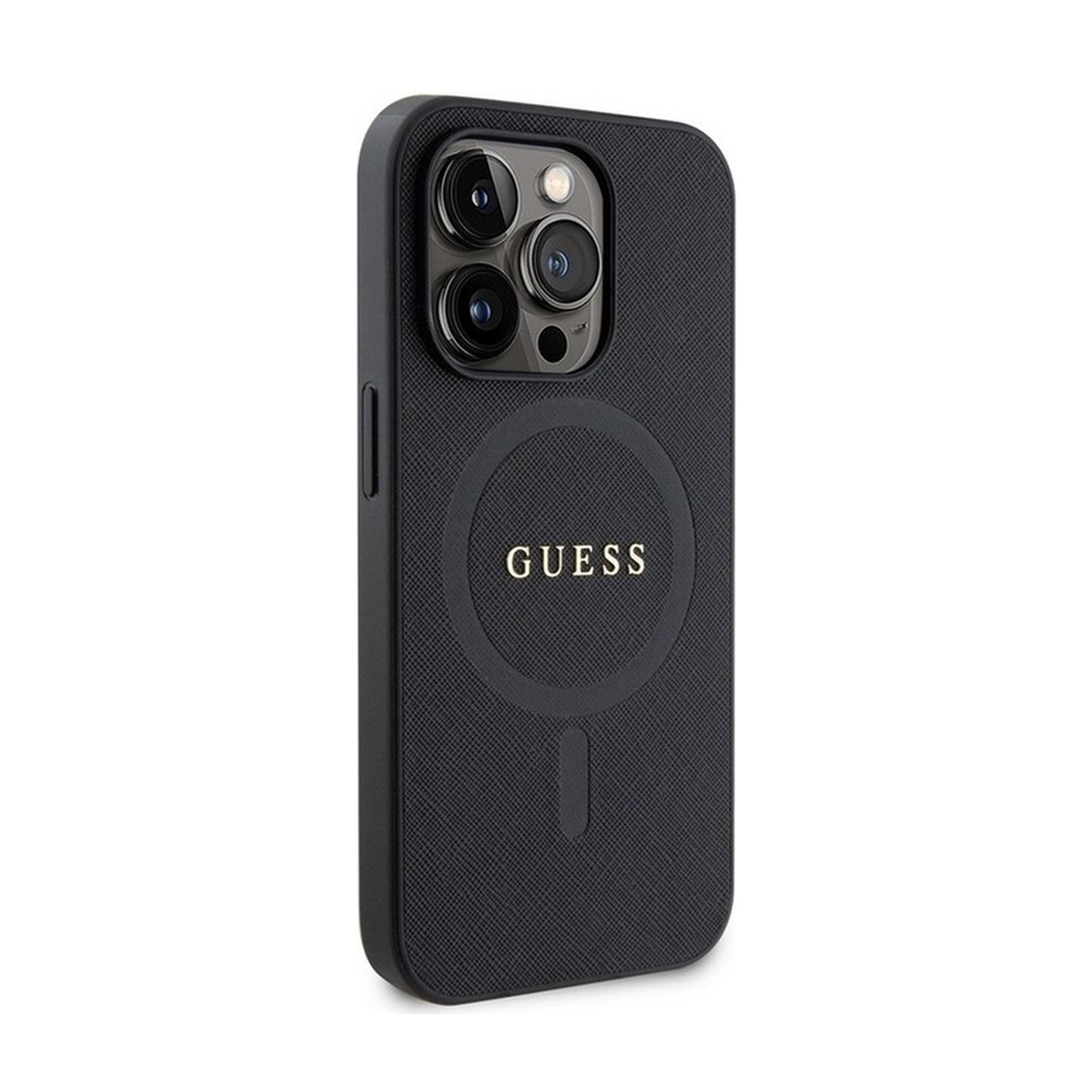 Custodia per telefono nera con la scritta 'GUESS' su sfondo bianco.