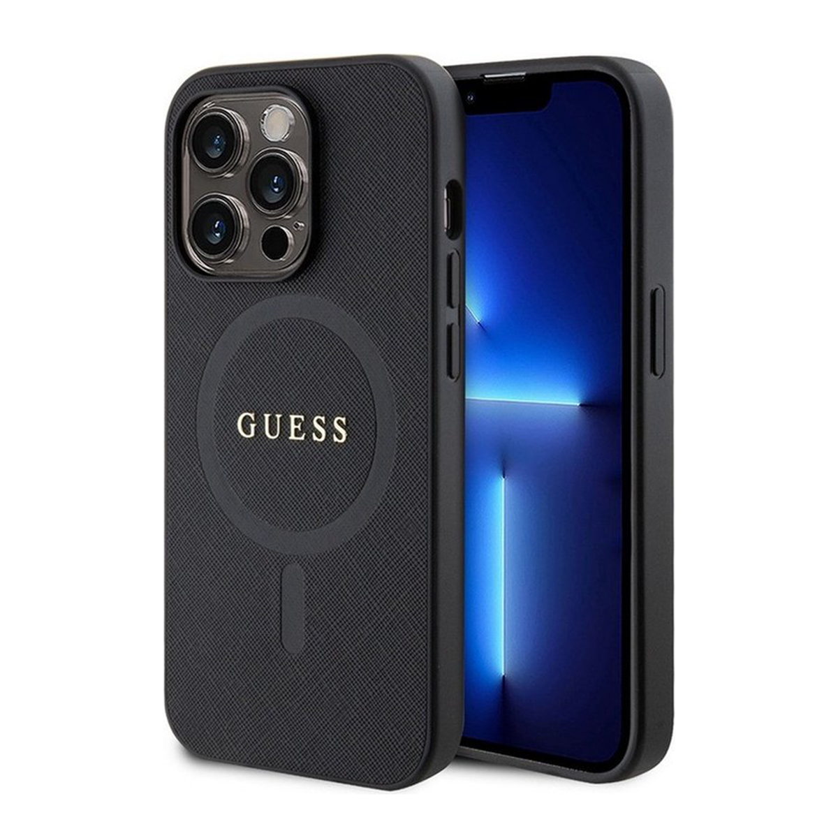 Custodia nera per telefono con logo "GUESS", tre fotocamere e un telefono dentro.