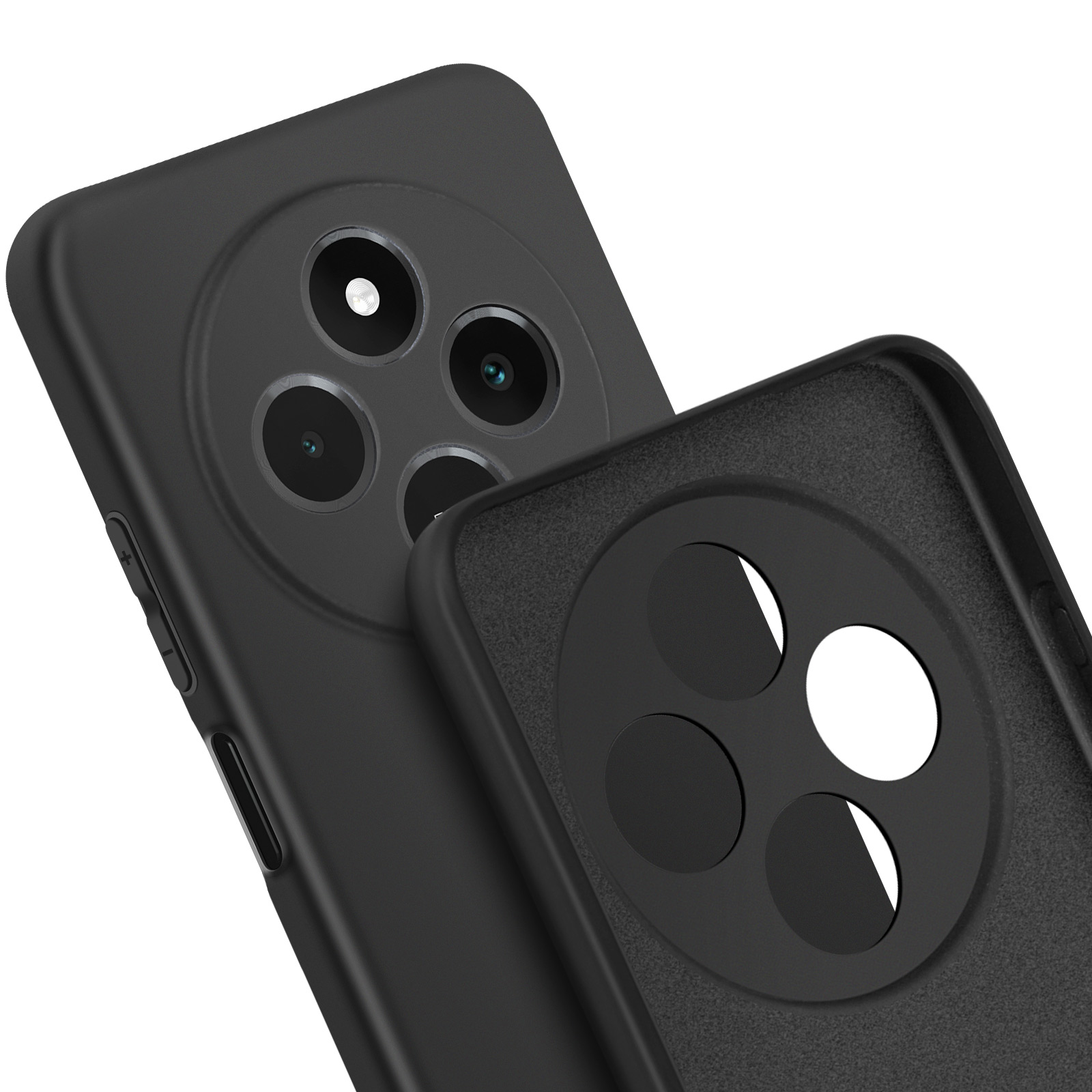 Zbliżenie dwóch czarnych etui na telefon, jedno pokazuje wycięcia na aparat.