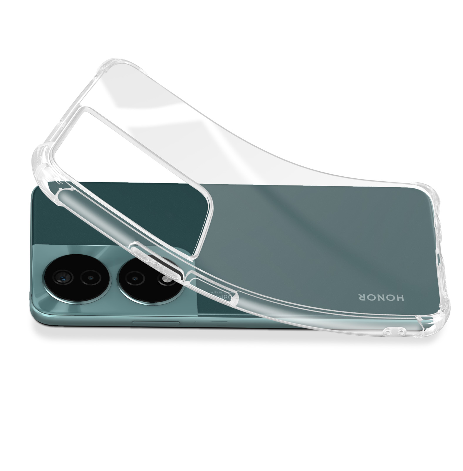 Custodia trasparente per telefono che mostra un telefono con fotocamera a doppia lente. Il telefono è verde acqua.