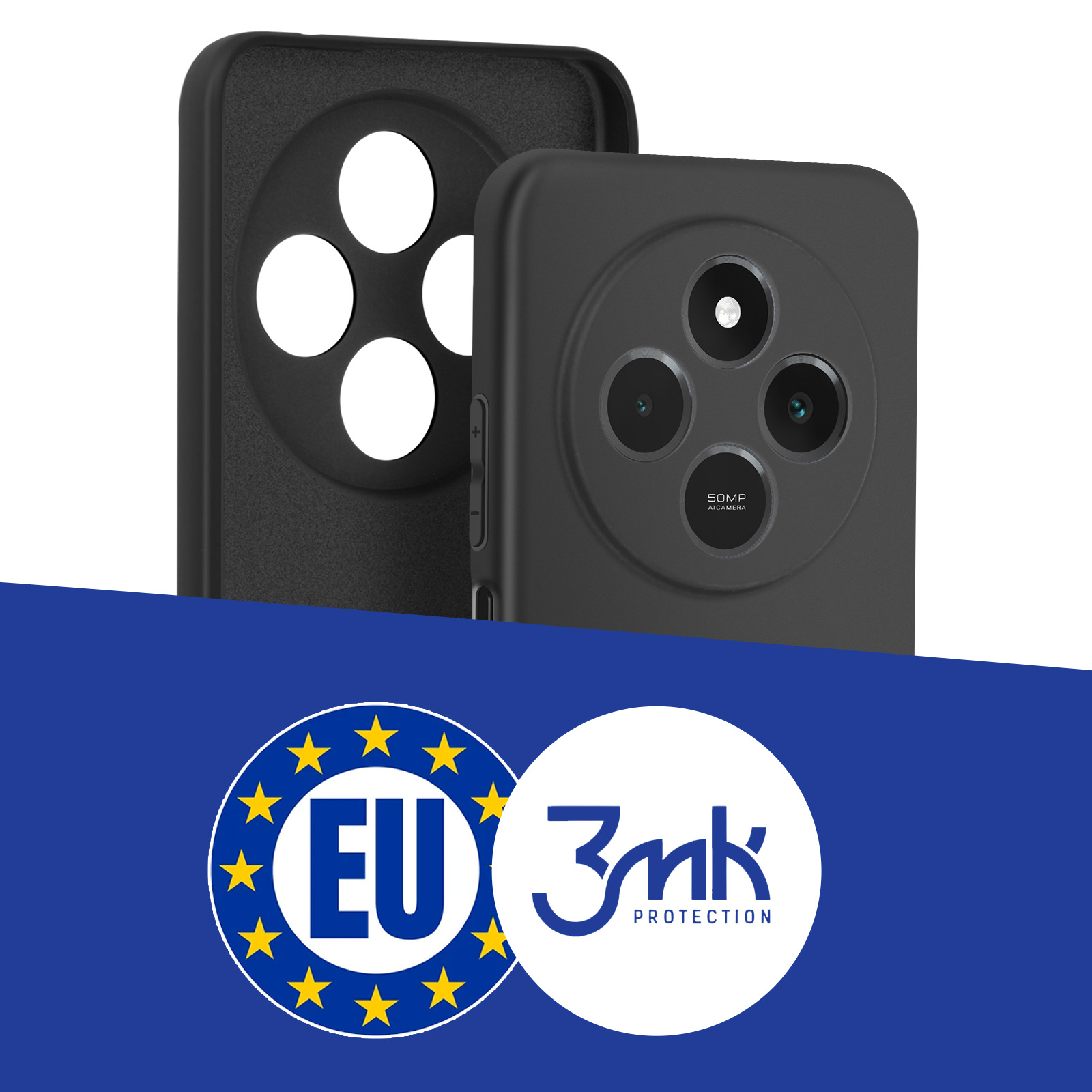 Etui na telefon i telefon. Etui jest czarne, z wycięciem na aparaty. Loga UE i 3mk Protection.
