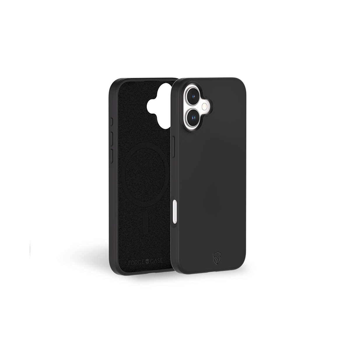 Custodia per telefono nera, l'interno mostra il telefono e la custodia esterna è separata.