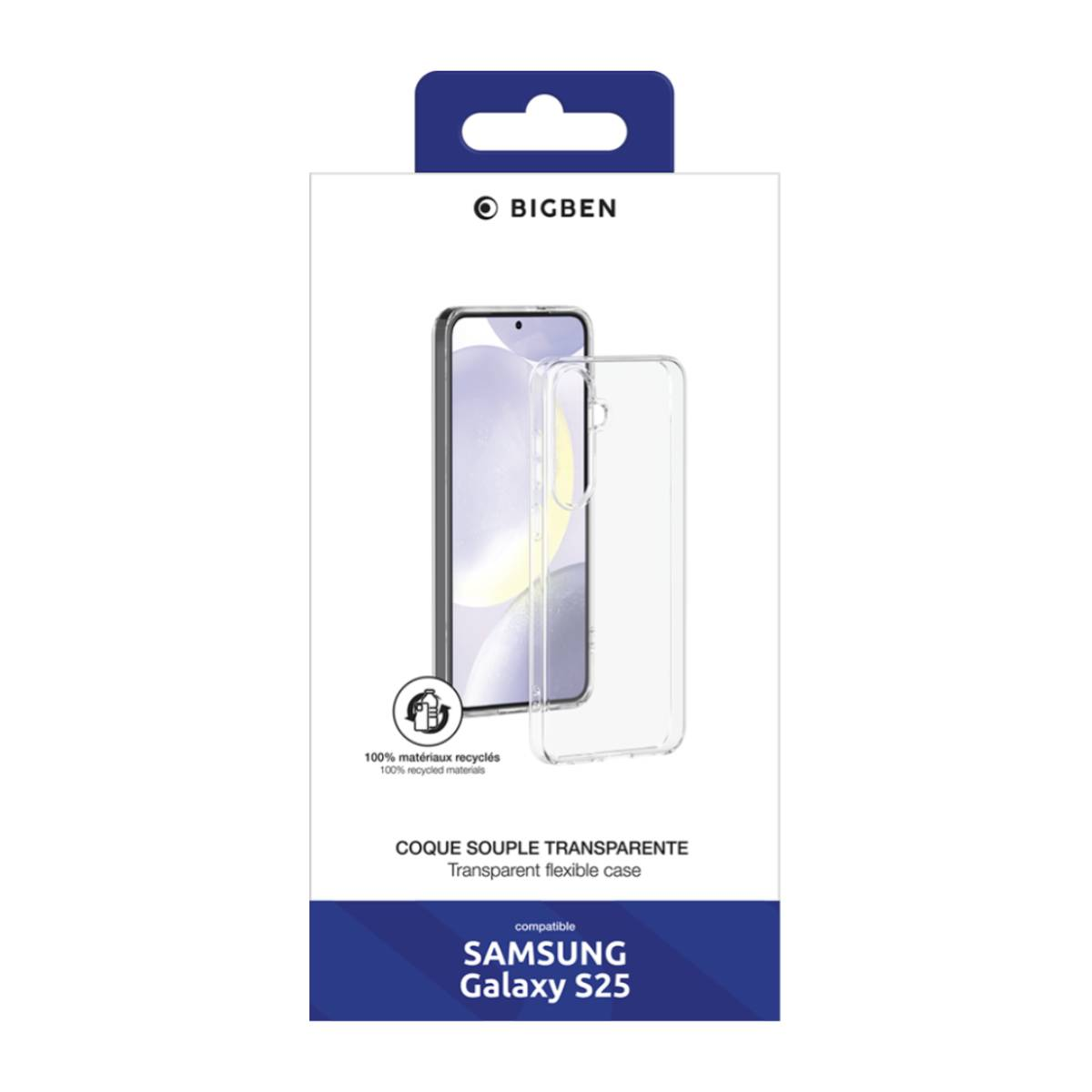 Scatola con custodia trasparente. Dice 'Custodia flessibile trasparente' e 'Samsung Galaxy S25'.