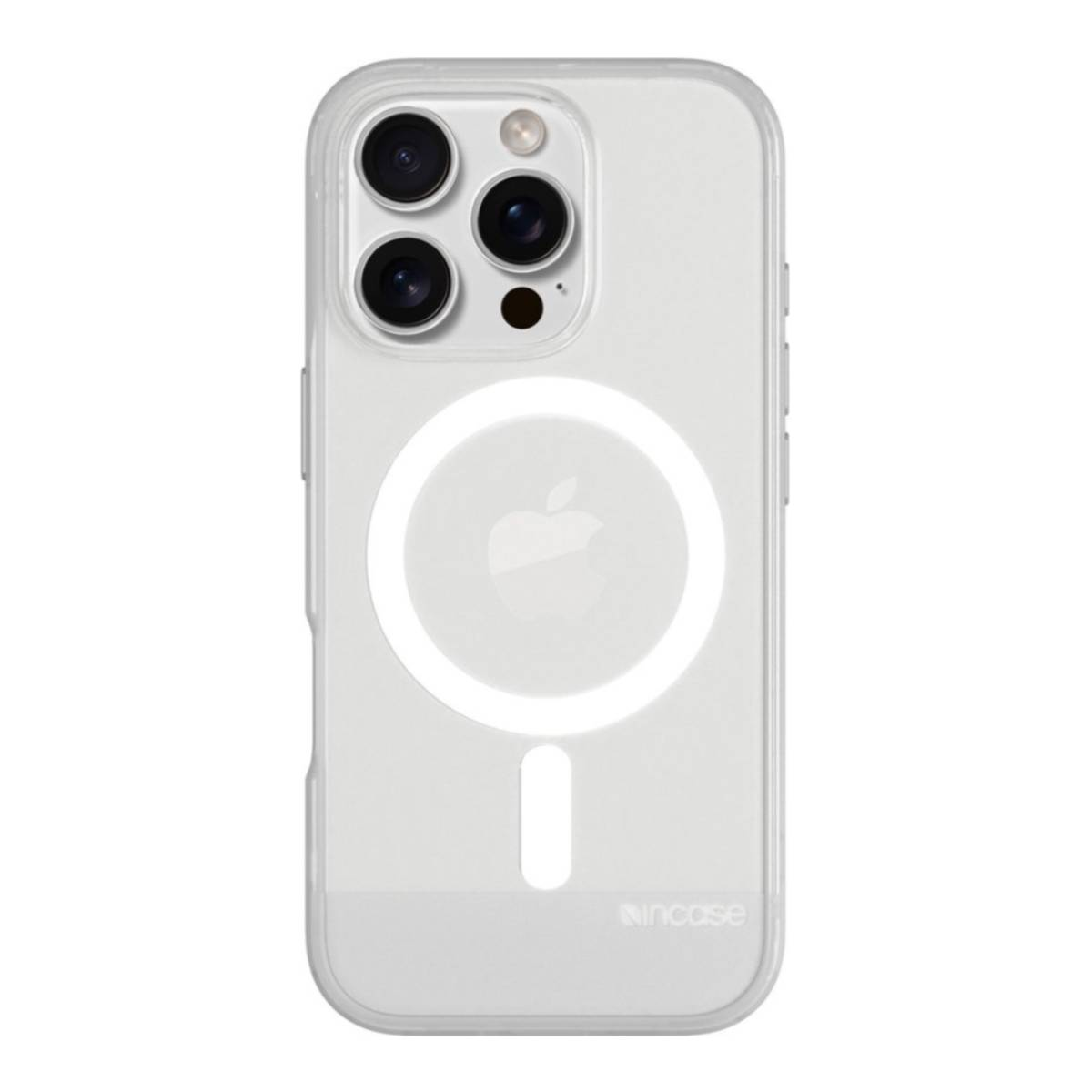 Una custodia per telefono trasparente con tre lenti della fotocamera. C'è un cerchio bianco con un segno meno.