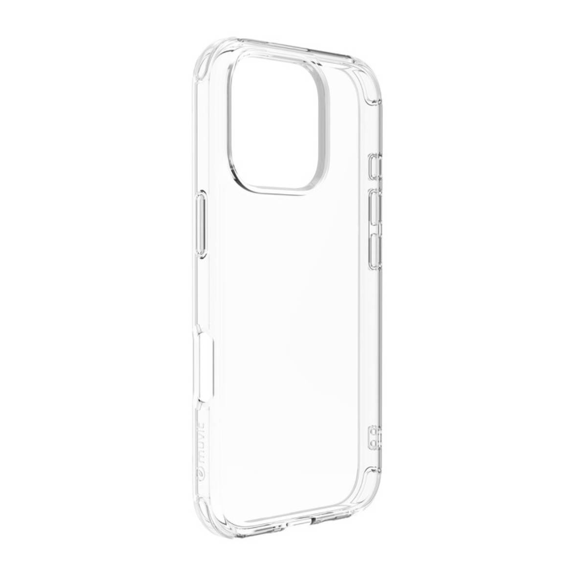 Custodia trasparente per telefono. Plastica dura e trasparente. Sfondo bianco, nessun telefono.