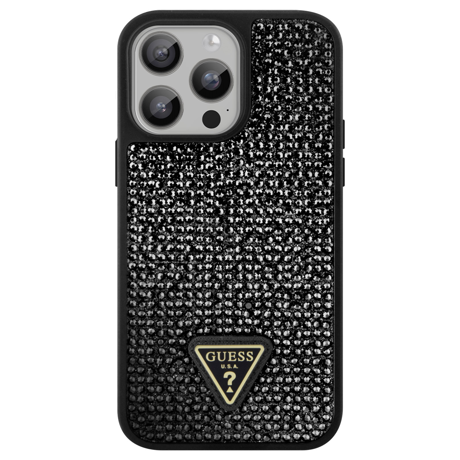 Custodia per telefono nera con strass e logo Guess. La fotocamera del telefono è visibile.